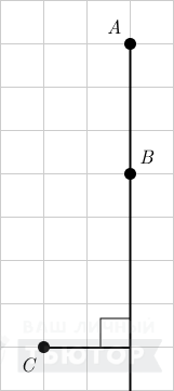 Три точки A, B и C на клетчатой бумаге (показано расстояние от C до AB)